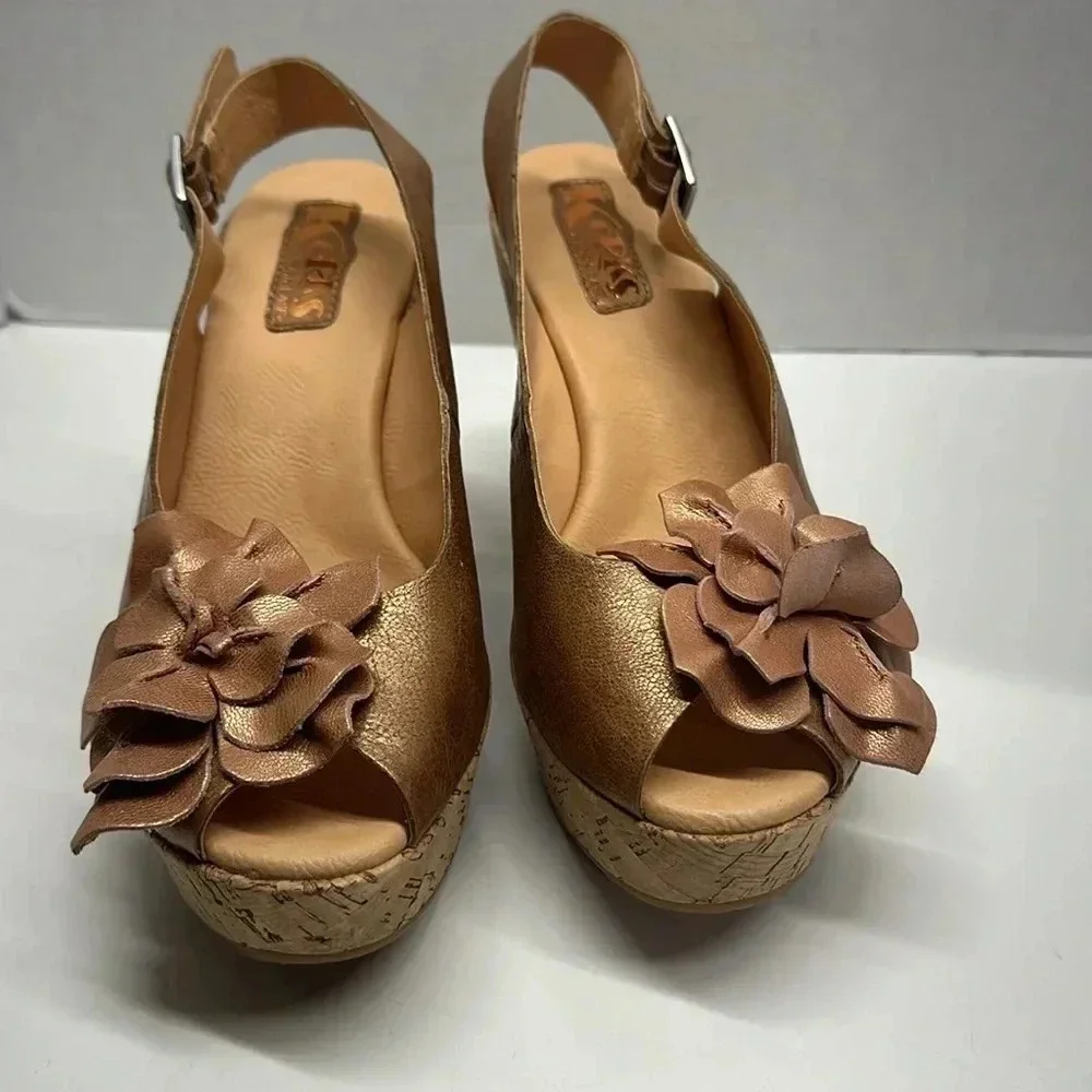 Korks Colleen Heels High Heel Shoes Leather Floral Open Toe Metallic Size 10